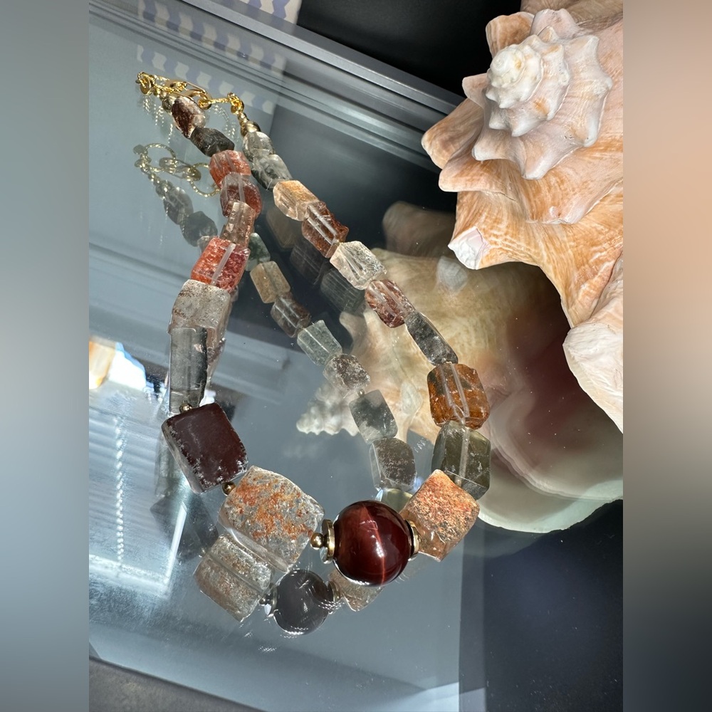 GOLDEN PHANTOM QUARTZ + TIGERS EYE STONES NATURAL NECKLACE - Picture 15 of 16